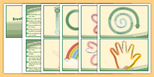 Illustrated overview of structured breathing practice cards with step-by-step guides and circular breathing patterns